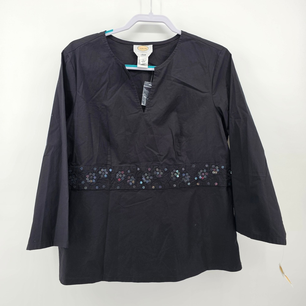 Talbots Blouse Women L Black Sequin Floral Waist Split Neck Side Zip Stretch NWT